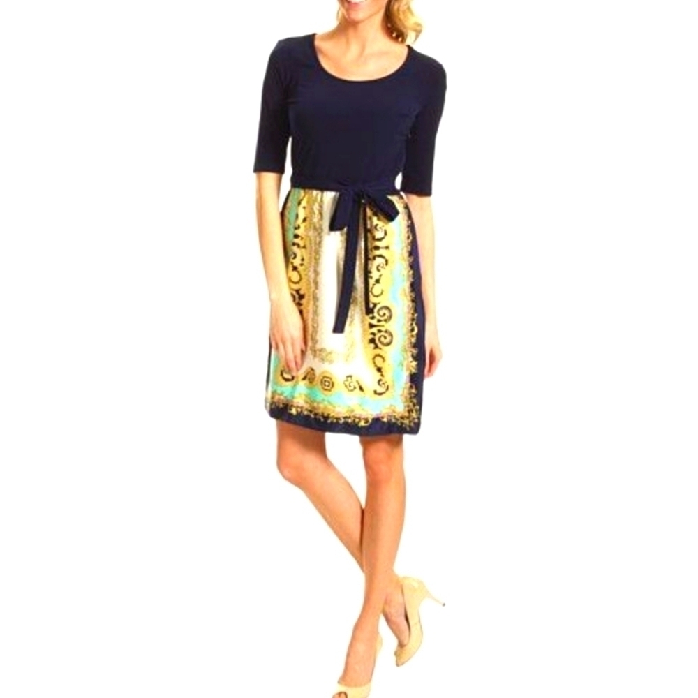 Donna Morgan Nicky Scarf combo print tie belt dress size Medium
